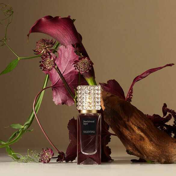 Un flacone di profumo Valentino posizionato accanto a fiori rosso intenso ed elementi naturali, su uno sfondo chiaro e delicato.