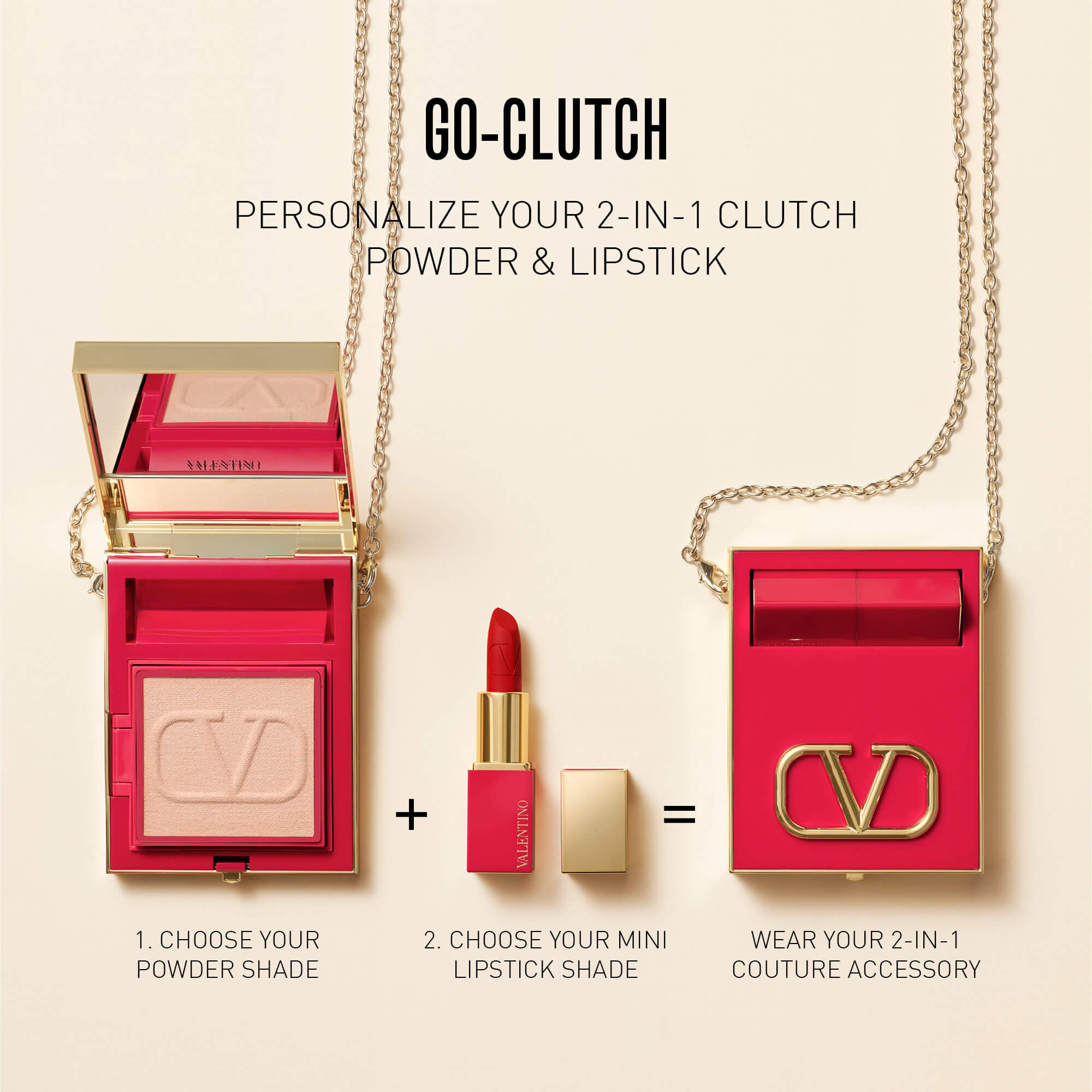Immagine che mostra un accessorio 2-in-1 con una polvere e un rossetto, accompagnato da istruzioni per personalizzarlo.