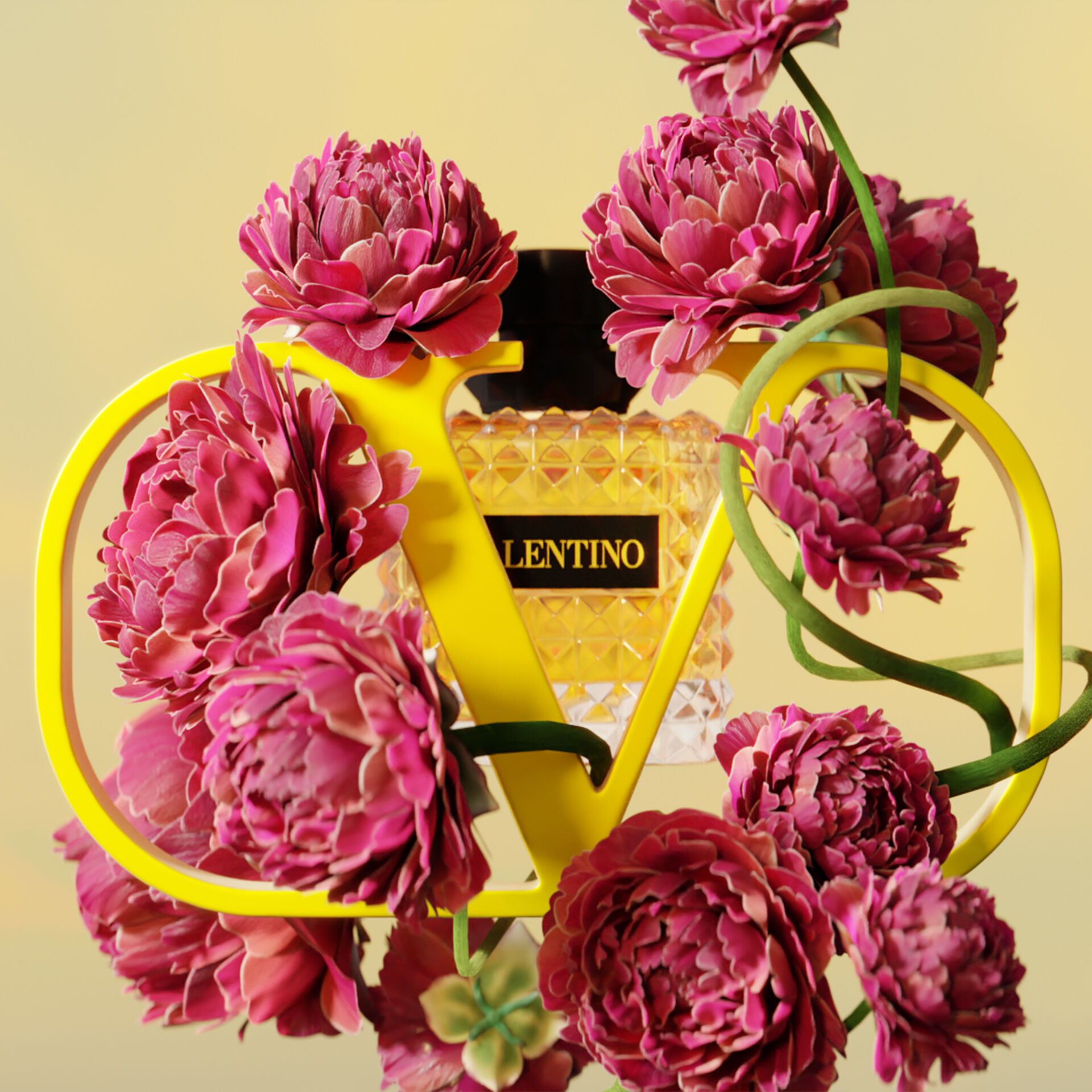 A vibrant arrangement featuring a yellow "V" and a floral display of deep pink peonies surrounding a bottle of Valentino fragrance against a soft yellow backdrop.