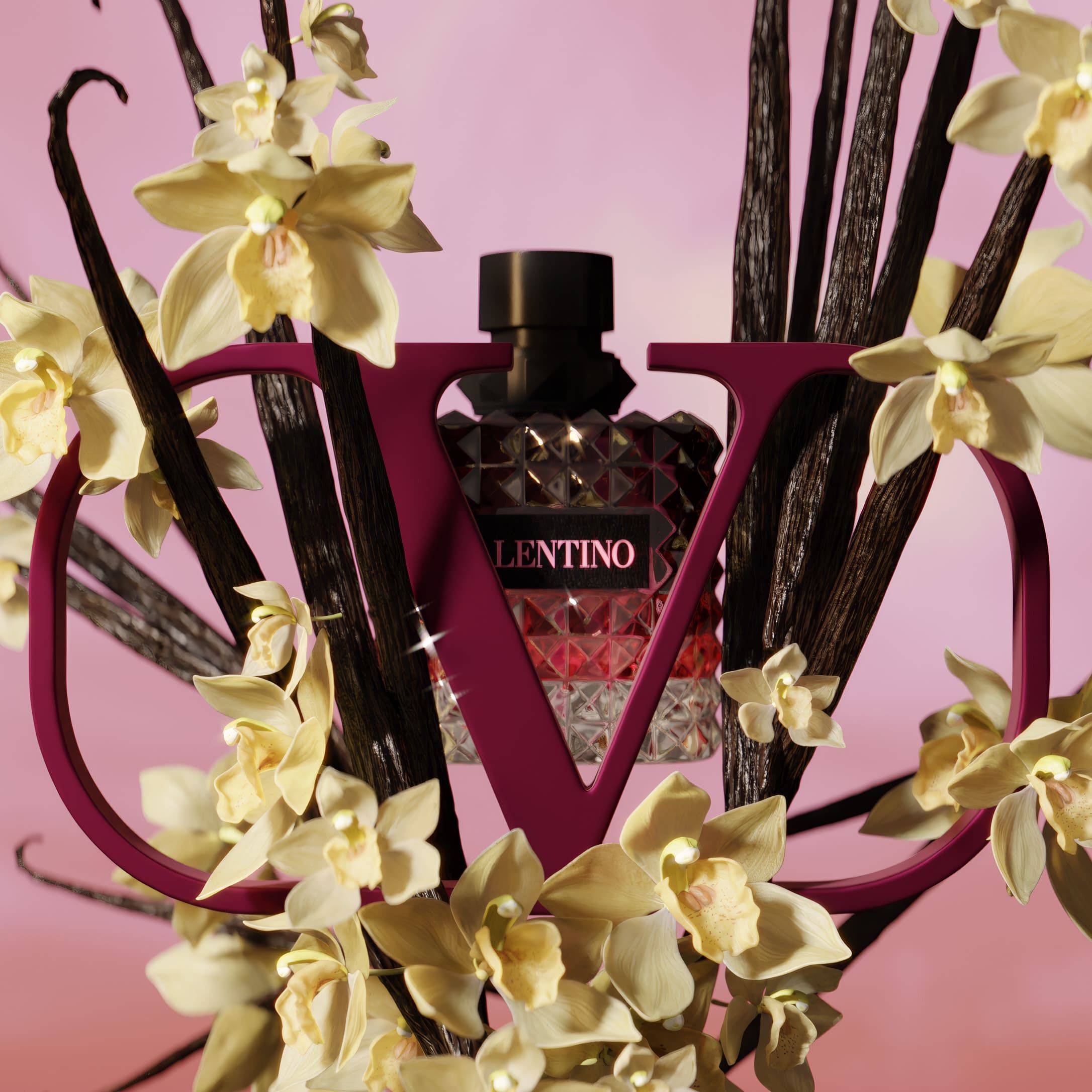 An elegant perfume bottle is nestled within a large, stylized "V" surrounded by delicate white flowers and dark branches, set against a softly blurred pink background.