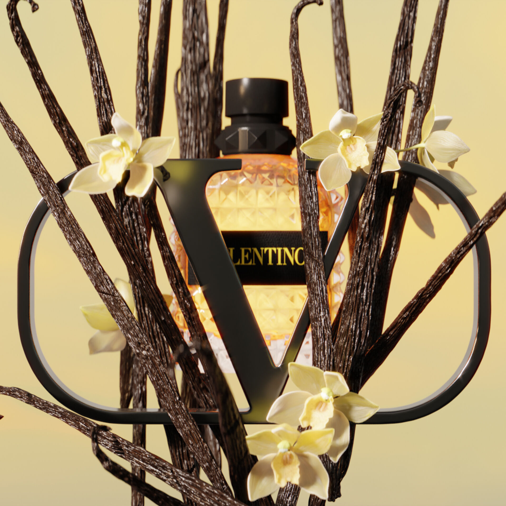 A perfume bottle surrounded by dark twigs and delicate white flowers, with the letter "V" prominently featured in the design.